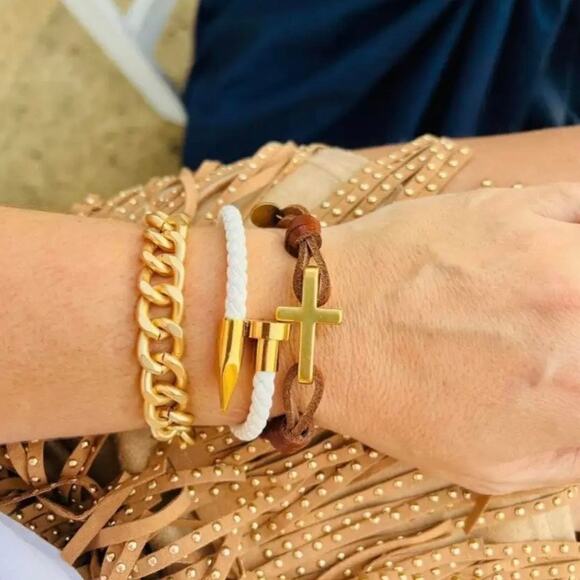 New Plunder "Selene" Leather Antique Gold Cross Cuff Bracelet (7") - Picture 5 of 5